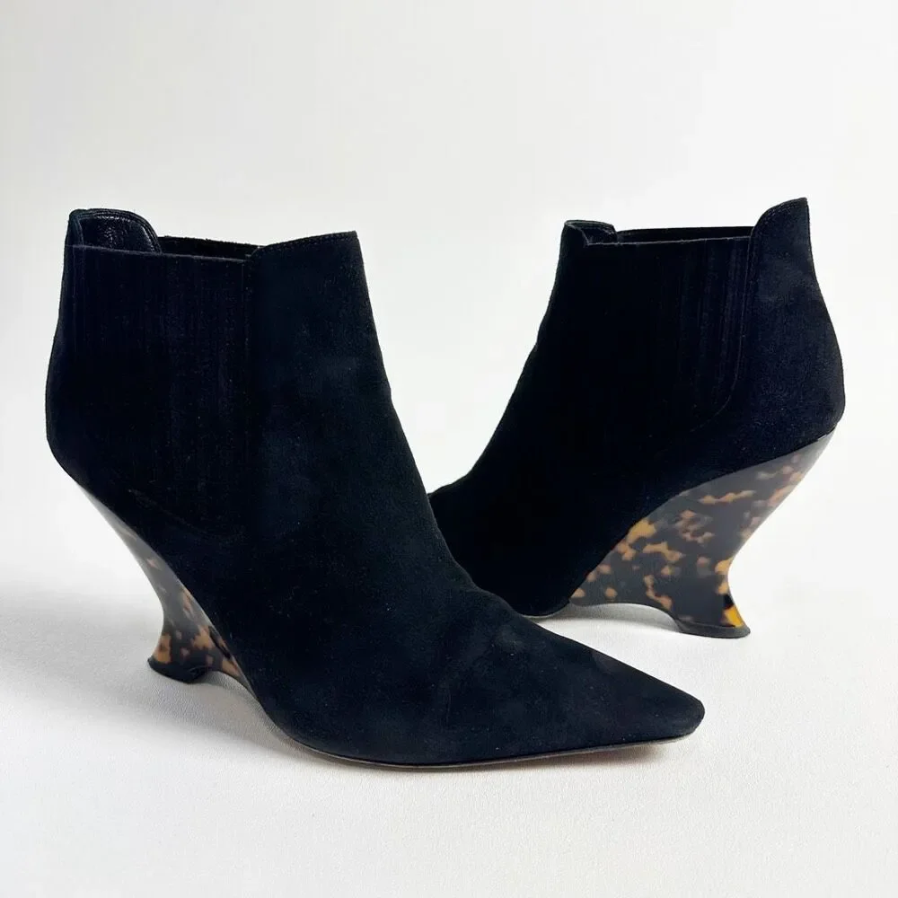 DIOR Optic-D Black Suede Chelsea Ankle Boot 37.5 Sculpted Tortoiseshell Wedge